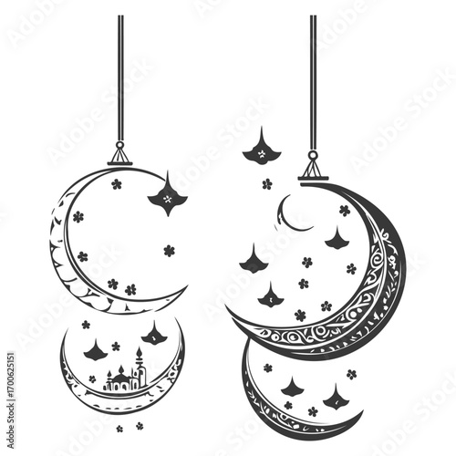 Ramadan Lantern Hanging Crescent Moon illustration grey