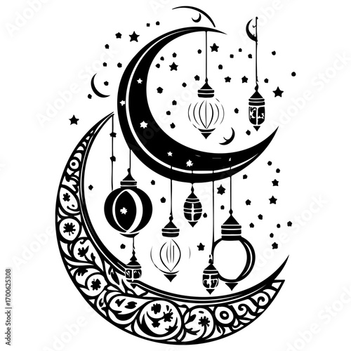 Ramadan Lantern Hanging Crescent Moon illustration sketch hand draw