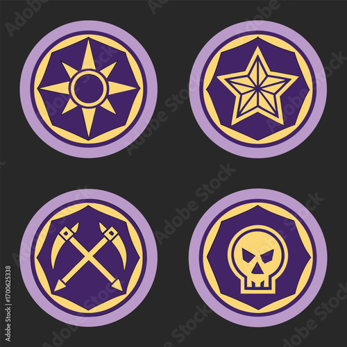 A collection of four unique game badges, each with a distinct design and color scheme, perfect for game development projects