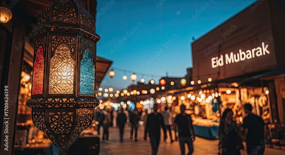 Fototapeta premium Eid mubarak street scene with lanterns and people at dusk