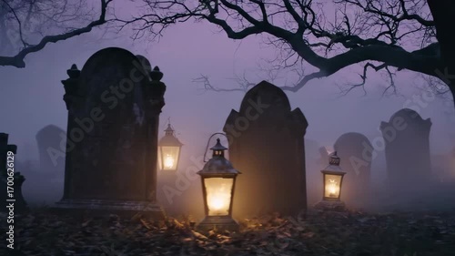 Foggy graveyard lantern fog tombstone tree branch night eerie autumn leaves lantern light dusk with glowing lanterns angel statue creating eerie