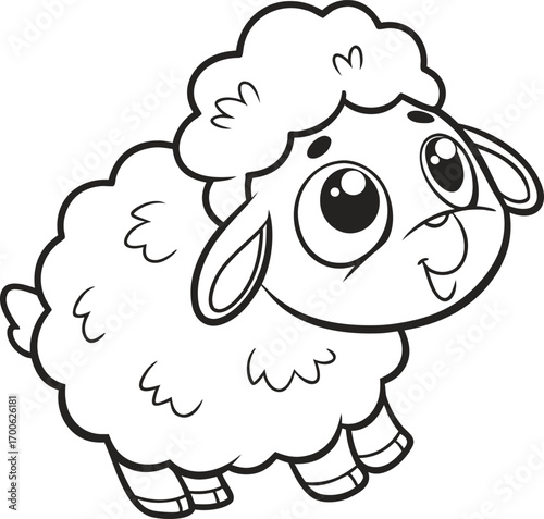 Playful Cartoon Lamb Outline, Cute Baby Sheep Vector Illustration, Adorable Farm Animal Black and White, Jumping Lamb for Coloring Book