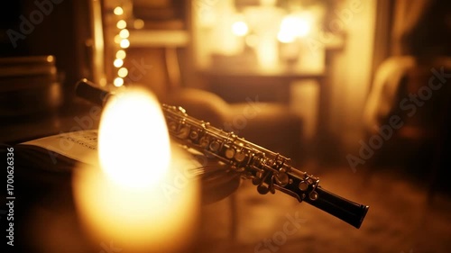 Oboe rests on a music book, illuminated in a warm, inviting room.