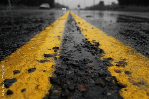 Close-up view of a wet road, two yellow lines, and dark asphalt