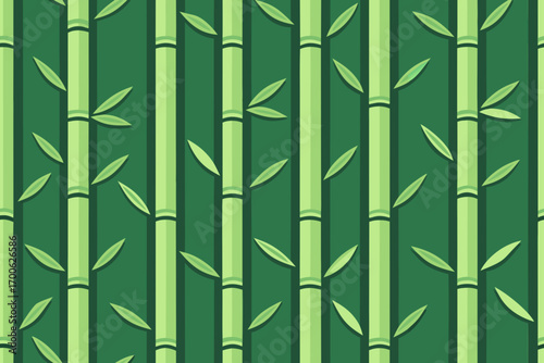 Vertical Bamboo Stalks with Green Leaves Pattern on Dark Green Background Keywords: bamboo, pattern, seamless, stalks, green, leaves, stems, nature