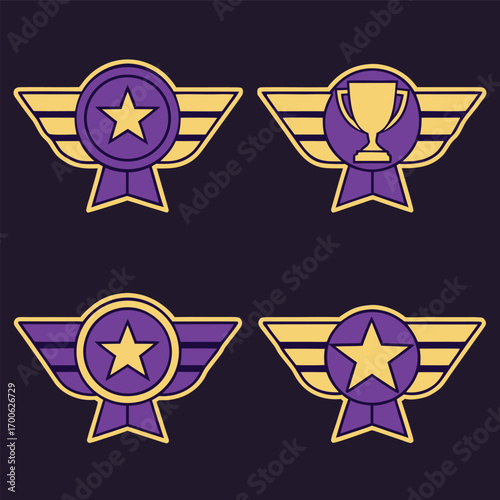 Set of winged star and trophy badges for game achievements and loyalty rewards, ideal for digital recognition and program incentives