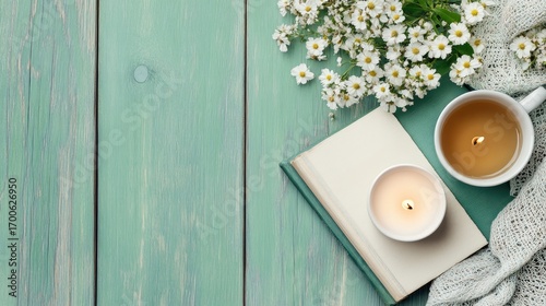 Serene Hygge Still Life with Tea, Candles, and Flowers on a Rustic Mint Green Wooden Surface
