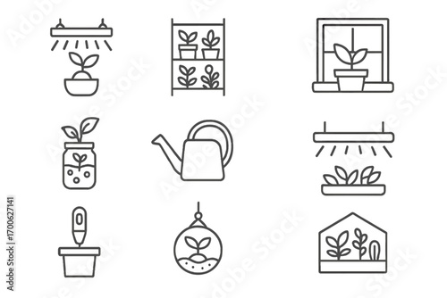 Indoor Gardening Icons. Line style icons of indoor gardening: grow light icon, shelf with plants, pot on windowsill, hydroponic