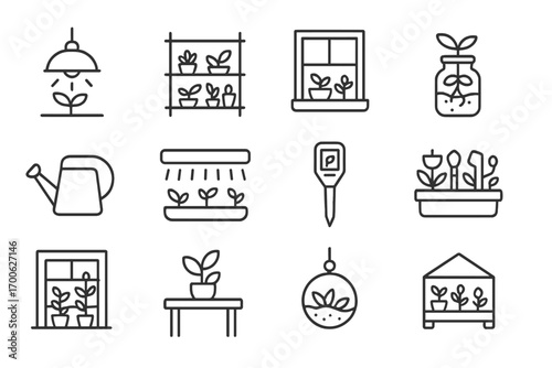 Indoor Gardening Icons. Line style icons of indoor gardening: grow light icon, shelf with plants, pot on windowsill, hydroponic