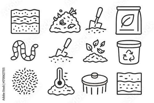 Soil and Compost Icons. Line style icons of soil and compost: soil layers, compost pile, earth icon, humus bag; worm icon, soil