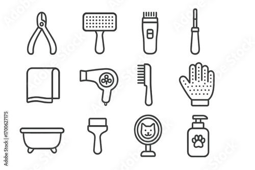Pet Grooming Essentials. Line style icons of grooming tools: nail clipper, grooming brush, fur trimmer, ear cleaner; towel, drying