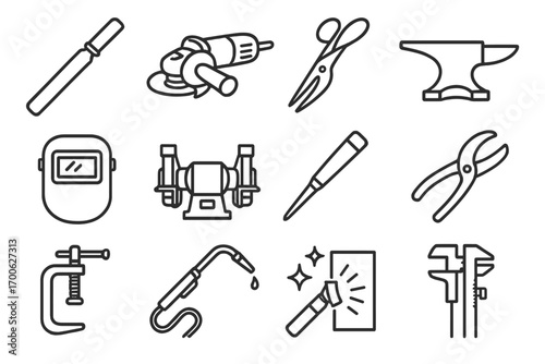 Metalworking Tools Icons. Line style icons of metalworking tools: metal file, angle grinder, sheet cutter, anvil icon; welding