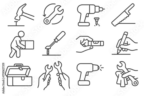 Tool Usage Icons. Line style icons of tool usage icons: hitting nail, rotating wrench, drilling surface, sawing edge; lifting box,