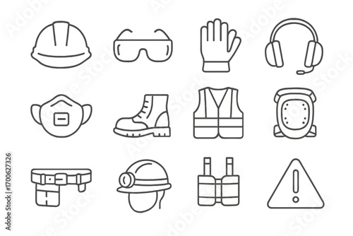 Safety Gear Icons. Line style icons of safety gear: construction helmet, safety glasses, work gloves, ear protection; face mask,