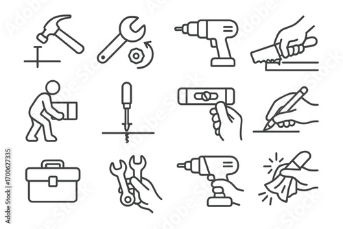 Tool Usage Icons. Line style icons of tool usage icons: hitting nail, rotating wrench, drilling surface, sawing edge; lifting box,