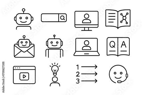 Self-Service Icons. Line style icons of self-service and automation: chatbot, search box, self-help screen, knowledge database;