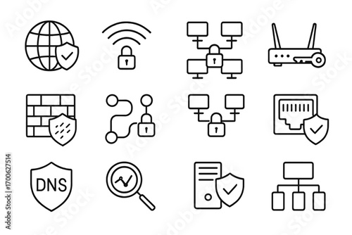 Network Security Icons. Line style icons of network security: global shield, secure Wi-Fi, LAN lock, router with key; firewall