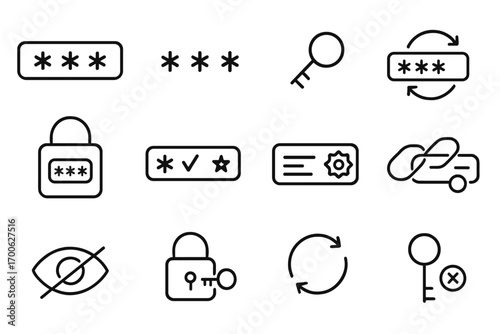 Password Icon Set. Line style icons of password management: password field, asterisk line, key icon, change password; password