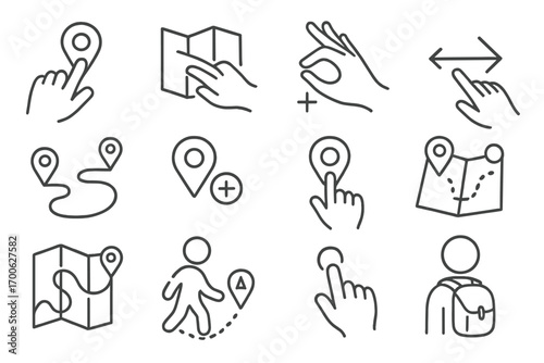 Navigation Icons. Line style icons of user navigation behavior: tap on pin, drag map hand, zoom gesture, swipe direction; route