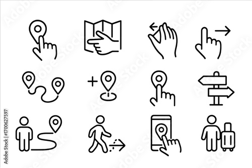 Navigation Icons. Line style icons of user navigation behavior: tap on pin, drag map hand, zoom gesture, swipe direction; route