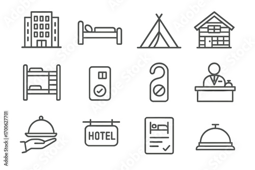 Accommodation Icons Collection. Line style icons of accommodation: hotel building, bed icon, tent, cabin; hostel icon, key card,