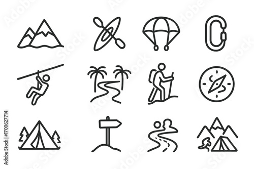Adventure Travel Icons. Line style icons of adventure travel: mountain icon, kayak icon, skydiving gear, climbing rope; zipline