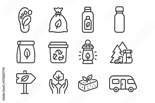 Eco Camping Icons. Line style icons of eco camping: leave no trace icon, trash bag, biodegradable soap, reusable bottle; compost