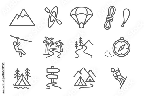 Adventure Travel Icons. Line style icons of adventure travel: mountain icon, kayak icon, skydiving gear, climbing rope; zipline