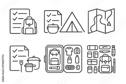 Camping Checklist Icons. Line style icons of camping checklist: gear list icon, checkbox tent, cooking gear note, trip prep; plan