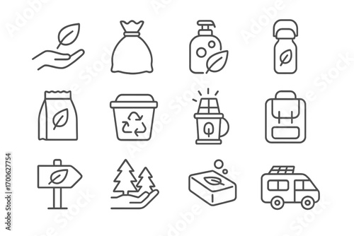 Eco Camping Icons. Line style icons of eco camping: leave no trace icon, trash bag, biodegradable soap, reusable bottle; compost