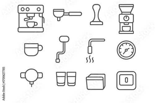 Espresso Tool Icons. Line style icons of espresso tools: espresso machine, portafilter, tamper, grinder; espresso shot, steam wand