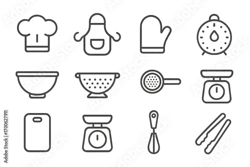 Kitchen Utensil Icons. Line style icons of kitchen utensils: chef hat, apron, oven mitt, kitchen timer; mixing bowl, colander,