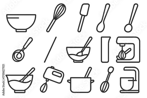 Mixing Tools Icons. Line style icons of mixing and stirring: mixing bowl, hand whisk, silicone spatula, wooden spoon; dough whisk,