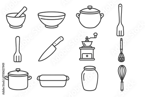 Vintage Kitchen Icons. Line style icons of traditional kitchen tools: mortar and pestle, wooden bowl, clay pot, cast iron pan;