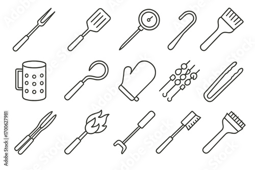 Grill Utensil Icons. Line style icons of grilling utensils: grill fork, BBQ spatula, meat thermometer, basting brush; charcoal
