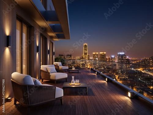 Ultra-realistic night view from a luxury apartment balcony, wooden deck flooring, modern outdoor furniture with cushions, warm ambient lighting, overlooking a glowing city skyline.