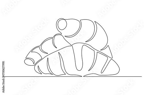 Continuous one line drawing of Croissant. Single line drawing illustration of Fresh baked croissant. French bakery concept vector art. Doodle line illustration.