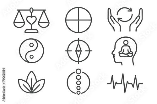 Balance and Harmony Icons. Line style icons of balance and harmony: scales with heart, center circle, two hands, flow arrows;