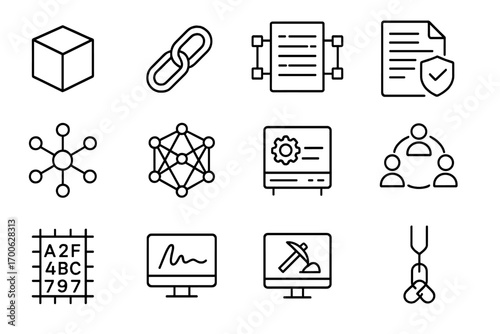 Blockchain Line Icons. Line style icons of blockchain technology: block cube, chain links, distributed ledger, smart contract;