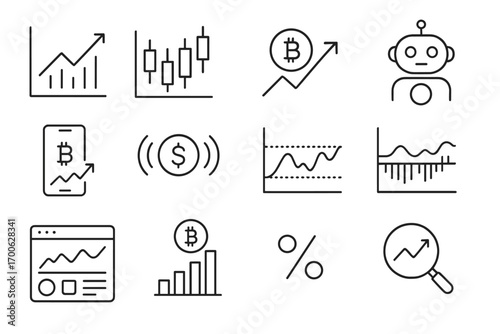 Crypto Line Style Icons. Line style icons of crypto charts and analytics: line chart, candle chart, trend arrow, trading bot;