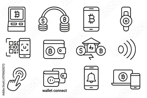 Crypto Accessibility Icons. Line style icons of crypto accessibility: crypto ATM, fiat gateway, mobile app, cold storage; QR code