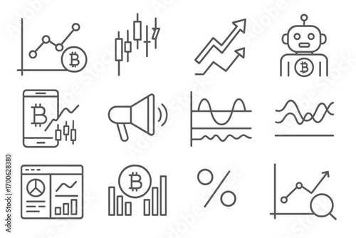 Crypto Line Style Icons. Line style icons of crypto charts and analytics: line chart, candle chart, trend arrow, trading bot;