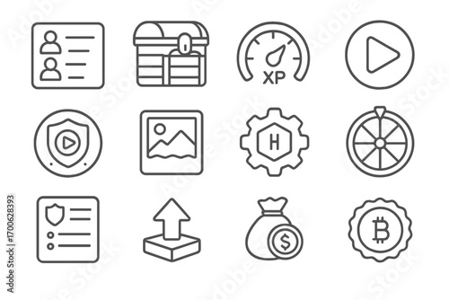 Crypto Game Icons. Line style icons of gamified crypto features: leaderboard, reward chest, XP meter, game token; play-to-earn