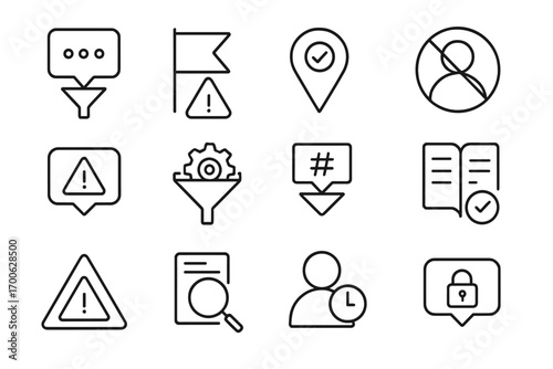 Content Moderation Icons. Line style icons of content moderation: comment filter, flagged content, review icon, ban user; warning
