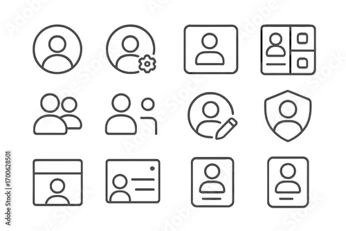 User Profile Icons. Line style icons of user profiles: profile circle, user settings, bio card, profile grid; followers icon,