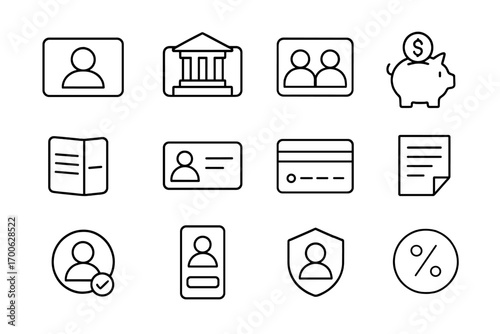 Account Management Icons. Line style icons of account management: personal account, business account, joint account, savings