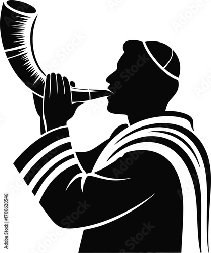 Silhouette of a man wearing a kippah and tallit blowing a shofar horn during a jewish religious ceremony