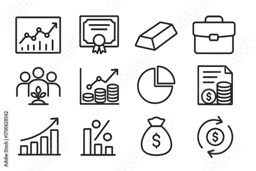Financial Line Icons. Line style icons of investment and assets: stock chart, bond certificate, gold bar, portfolio folder; mutual
