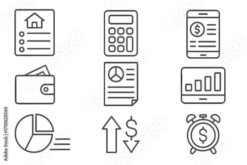 Finance Tools Icons. Line style icons of personal finance tools: home budget sheet, calculator icon, spending tracker, wallet