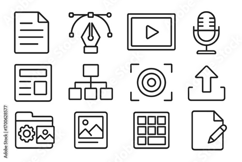 Content Creation Icons. Line style icons of content creation: article icon, pen tool, video frame, podcast mic; headline icon,